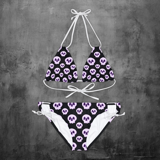 Cute Purple Skulls Patterned Strappy Bikini Set