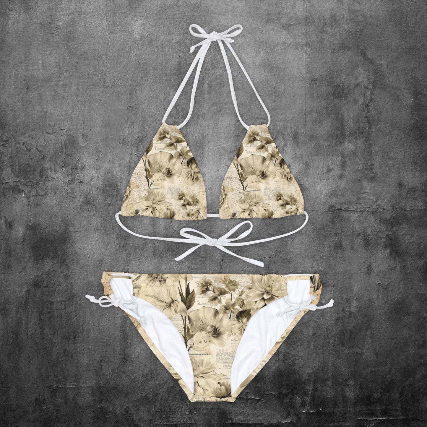 Beige Floral Strappy Bikini Set