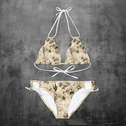 Beige Floral Strappy Bikini Set