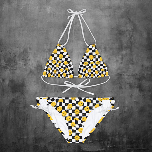 Fake Happy Checkered Patterned Strappy Bikini Set