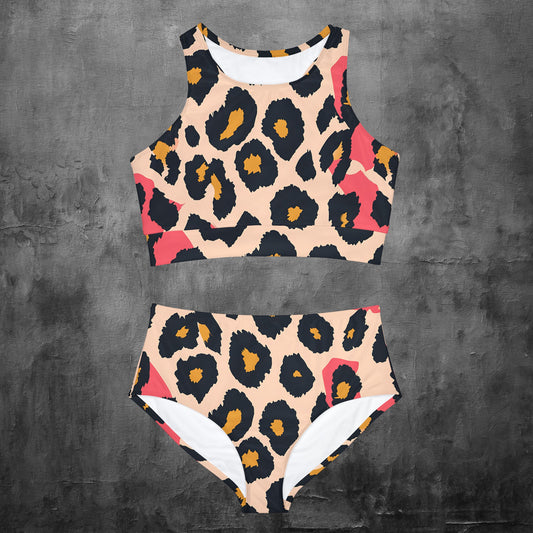 Pinky Peach Leopard Print Sporty Bikini Set