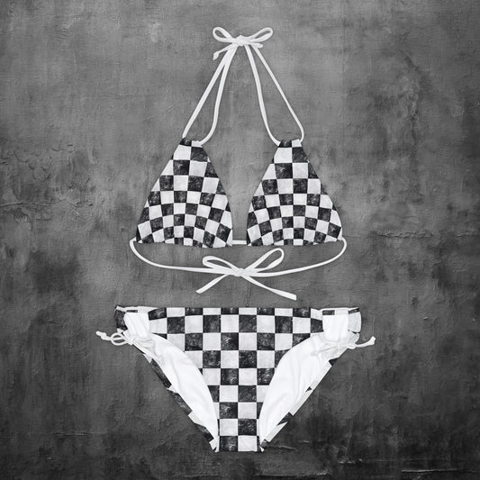 Washed Checkered Strappy Bikini Set