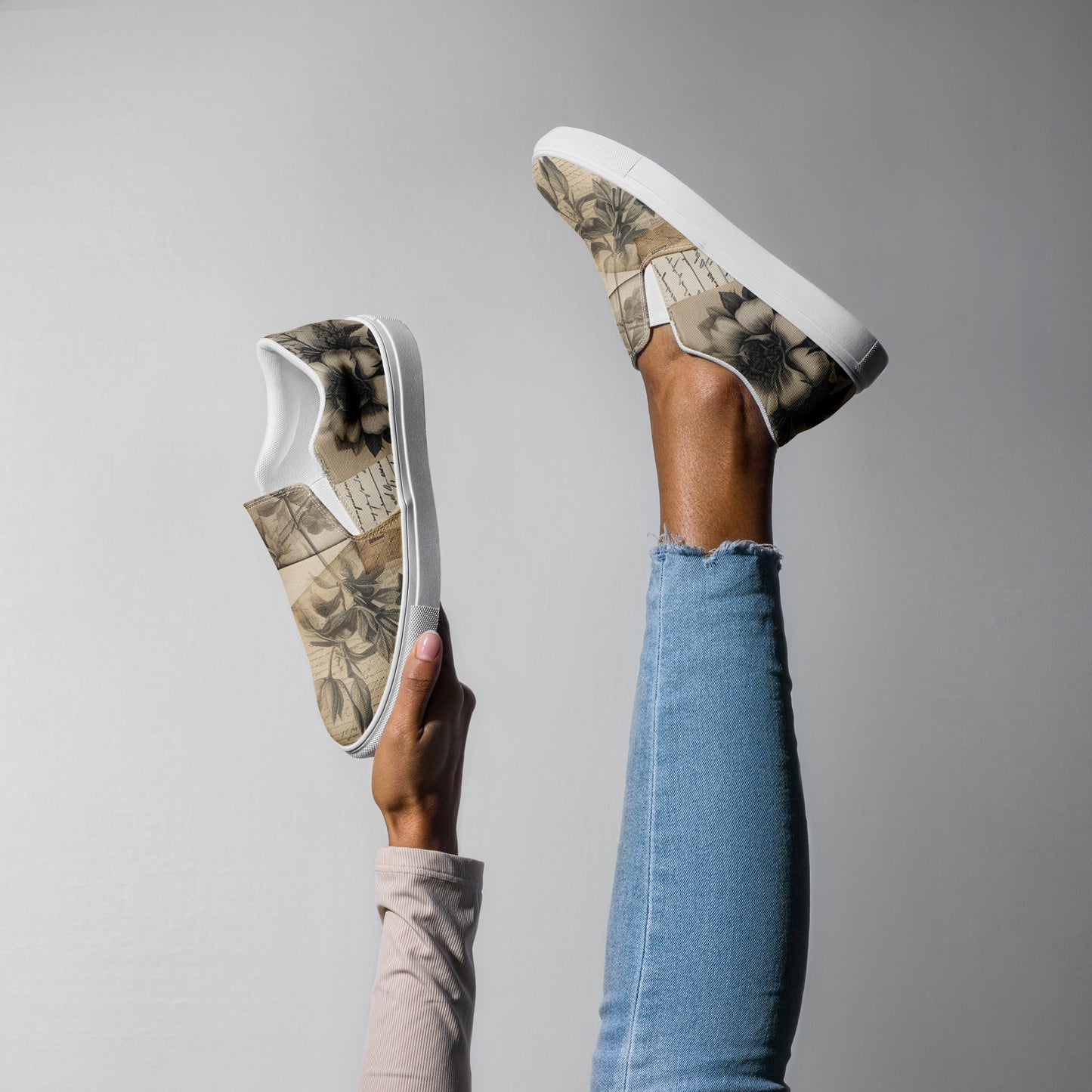 Beige Floral Women’s slip-on canvas shoes